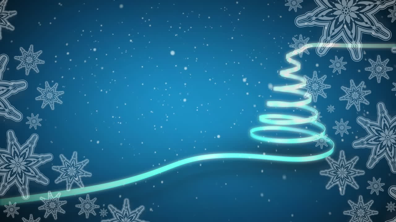 animación de nieve cayendo sobre la cinta formando un árbol de navidad contra copos de nieve en fondo azul