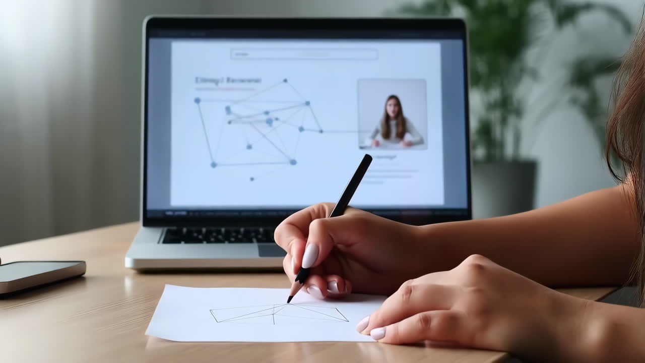 Person drawing on paper while attending an online meeting on a laptop