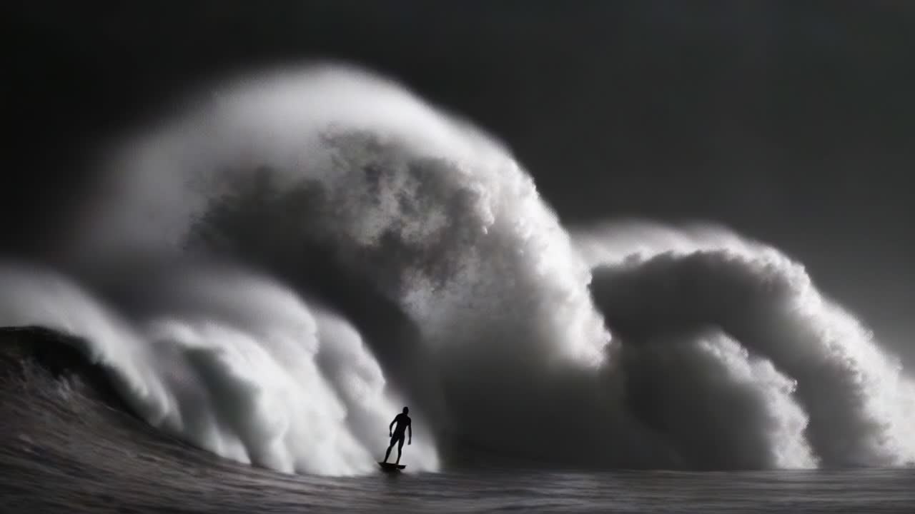 A lone surfer bravely rides towering waves amidst a dramatic surf backdrop, showcasing the power of nature and the thrill of adventure in a high-contrast, black-and-white scene