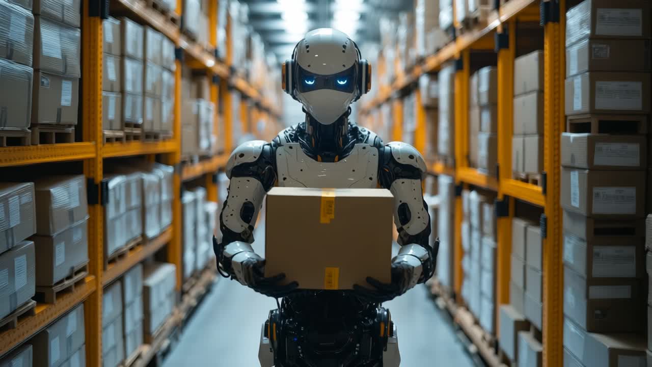 Robot handling packages in a warehouse. A robot is transporting a package through an organized warehouse filled with stacked boxes.
