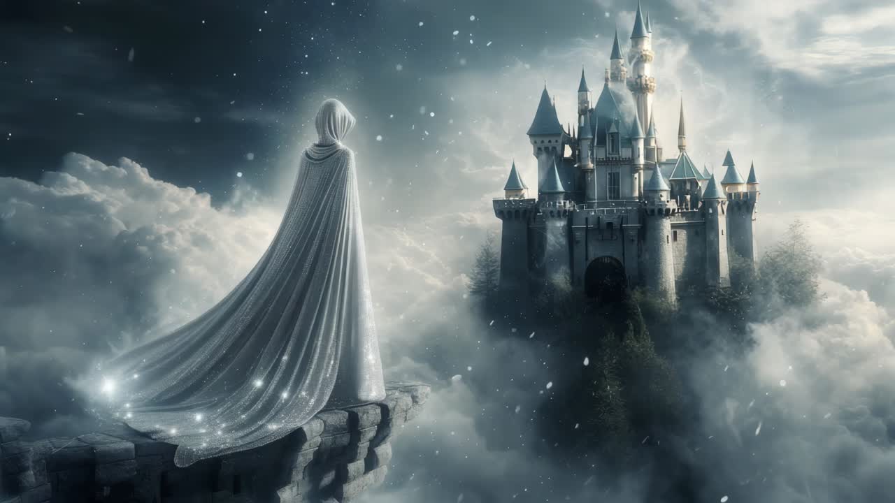 색 케이프를 입은 여자가 꿈 같은 풍경에서 떠다니는 성을 쳐다보고 있습니다.