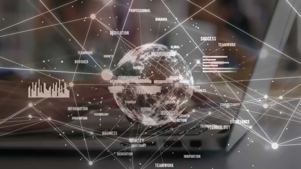 노트북을 가진 코카시안 사업가와 함께 전 세계와의 연결 네트워크의 애니메이션