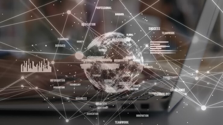 Animation of network of connections with globe over caucasian businesswoman with laptop