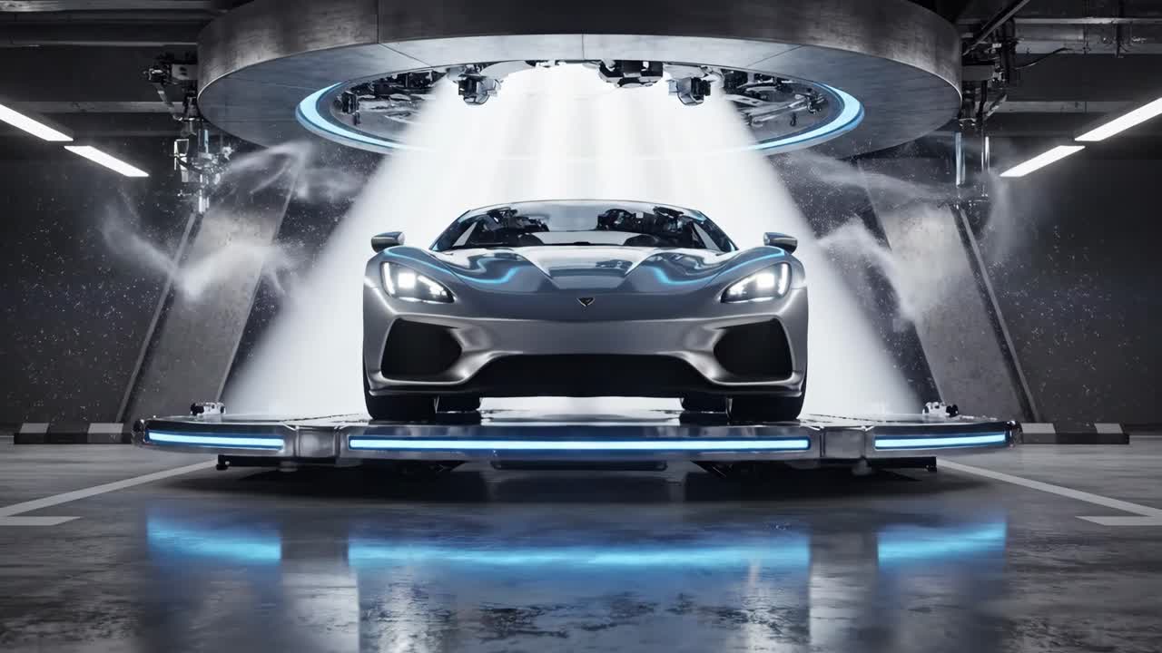 A modern sports car showcased in a futuristic parking garage