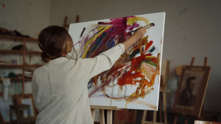 Mulher inspirada criando arte no estúdio