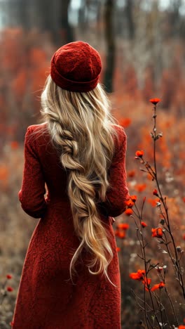 woman in red coat walks through autumn forest with vibrant foliage