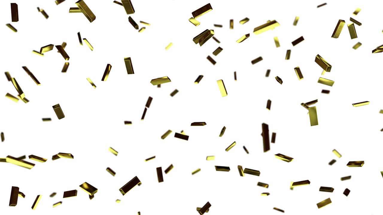 Falling gold bars in slow motion on black isolated background. 3D render, seamless loop animation in 4k