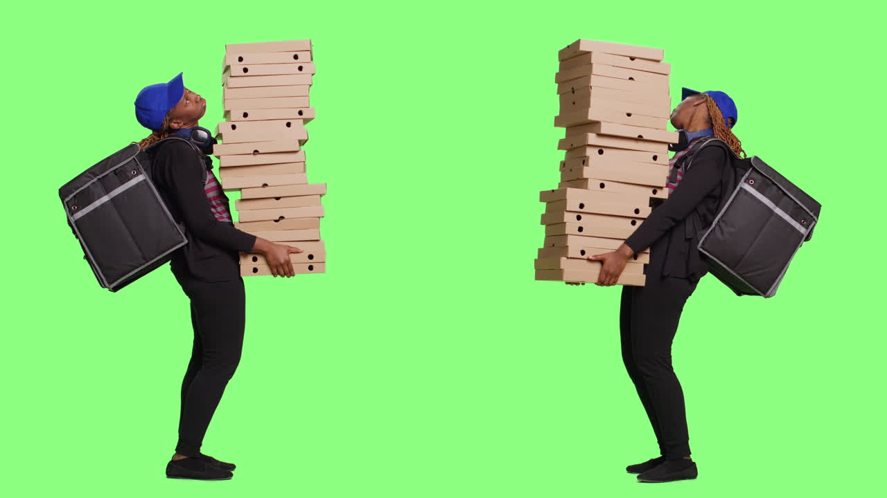 Woman carrying stacks of pizza boxes for delivery