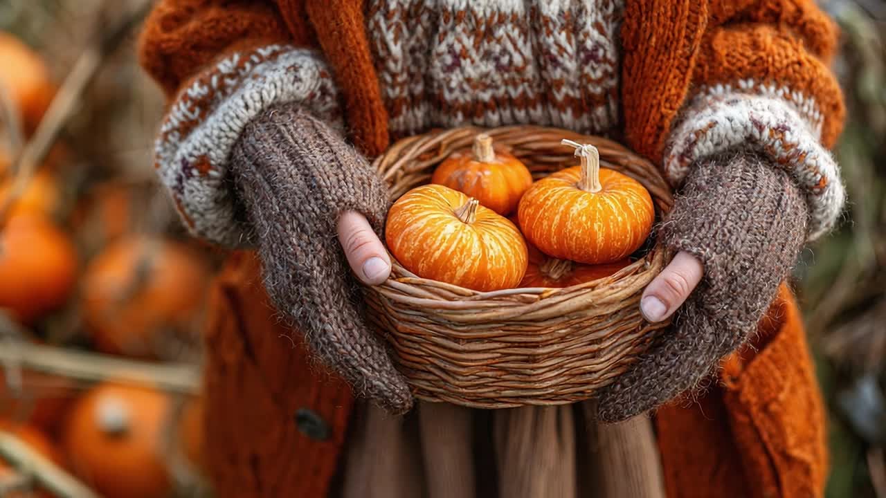 Journée d'automne douillette avec des citrouilles dans un panier tressé.
