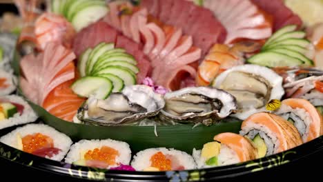 a rotating display of a diverse sushi selection.