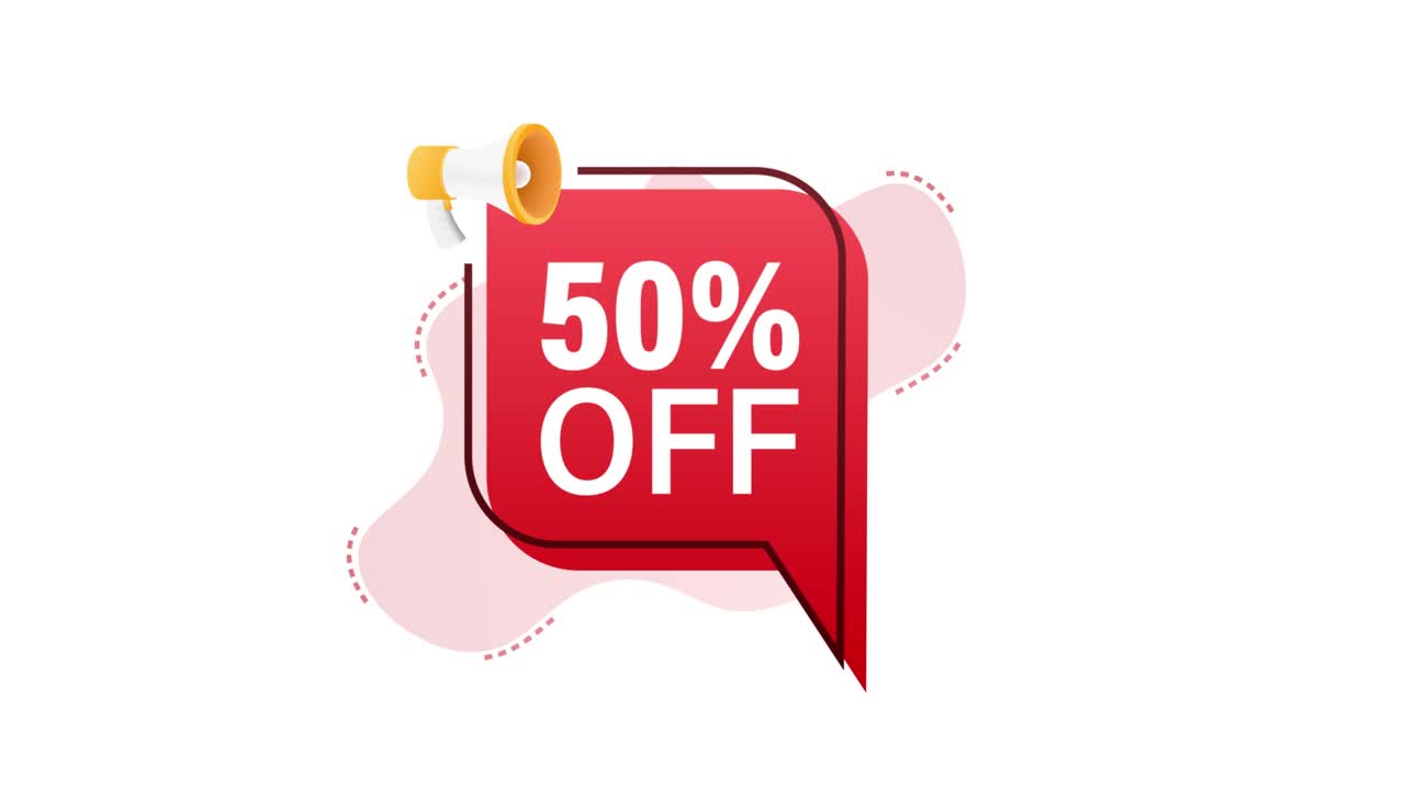 50 por ciento de descuento en la venta banner de descuento con megáfono. etiqueta de precio de oferta de descuento. promoción de descuento del 50 por ciento icono plano. gráficos de movimiento 4k