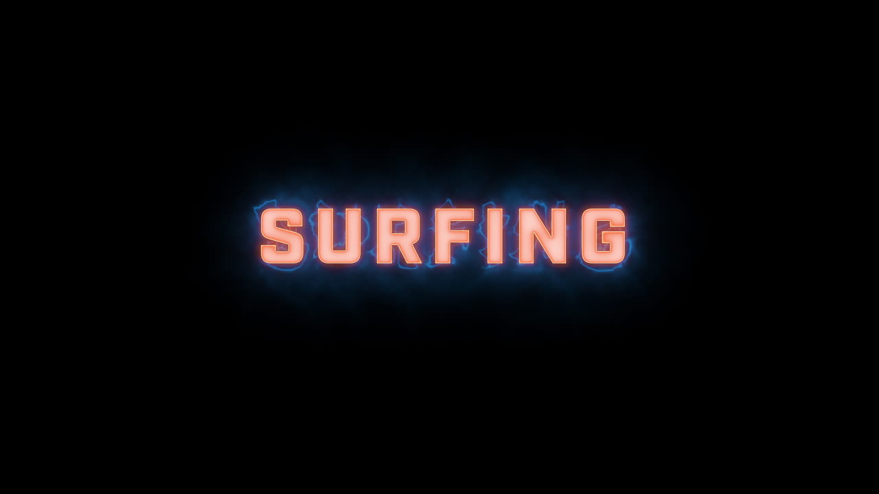una breve revelación tipográfica en movimiento de alta calidad de las palabras "surf" con varias opciones de color en un fondo negro, animada dentro y fuera con elementos eléctricos y brumosos