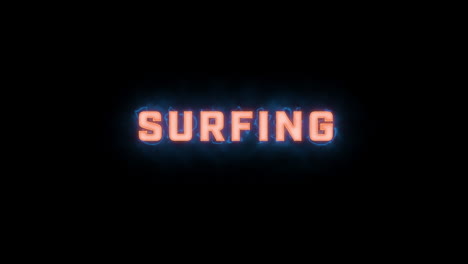 A-short-high-quality-motion-graphic-typographic-reveal-of-the-words-"surfing"-with-various-colour-options-on-a-black-background,-animated-in-and-animated-out-with-electric,-misty-elements