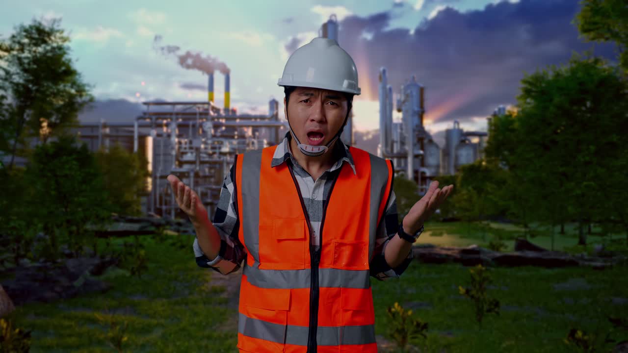 Construction Worker Expressing Concern About Environmental Issues at a Factory