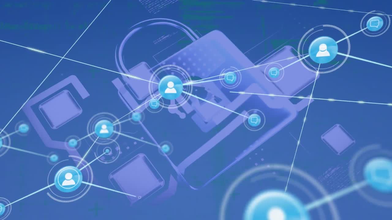 Animation of network of digital icons over security padlock icon and data processing