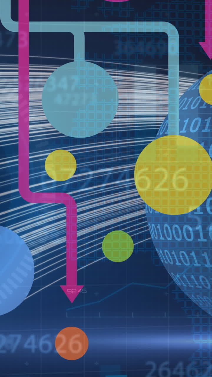 formas abstractas coloridas y números cambiantes múltiples contra la codificación binaria en el globo