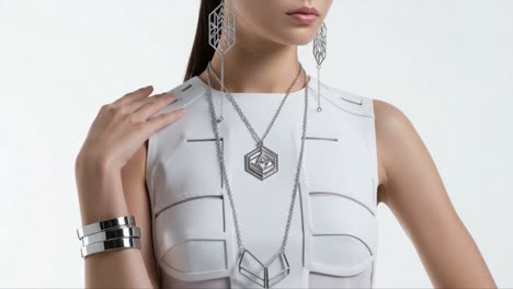 stunning silver jewelry showcase: an elegant model displays intricate designs of necklaces and earrings against a minimalist background