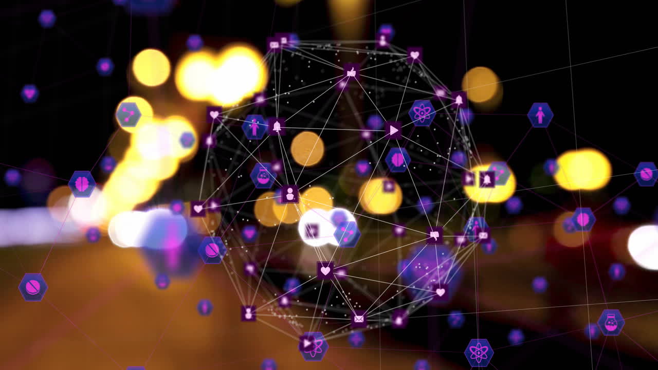 소셜 미디어 아이콘과 네트워크 연결, 흐릿한 도시 조명 배경 위의 애니메이션