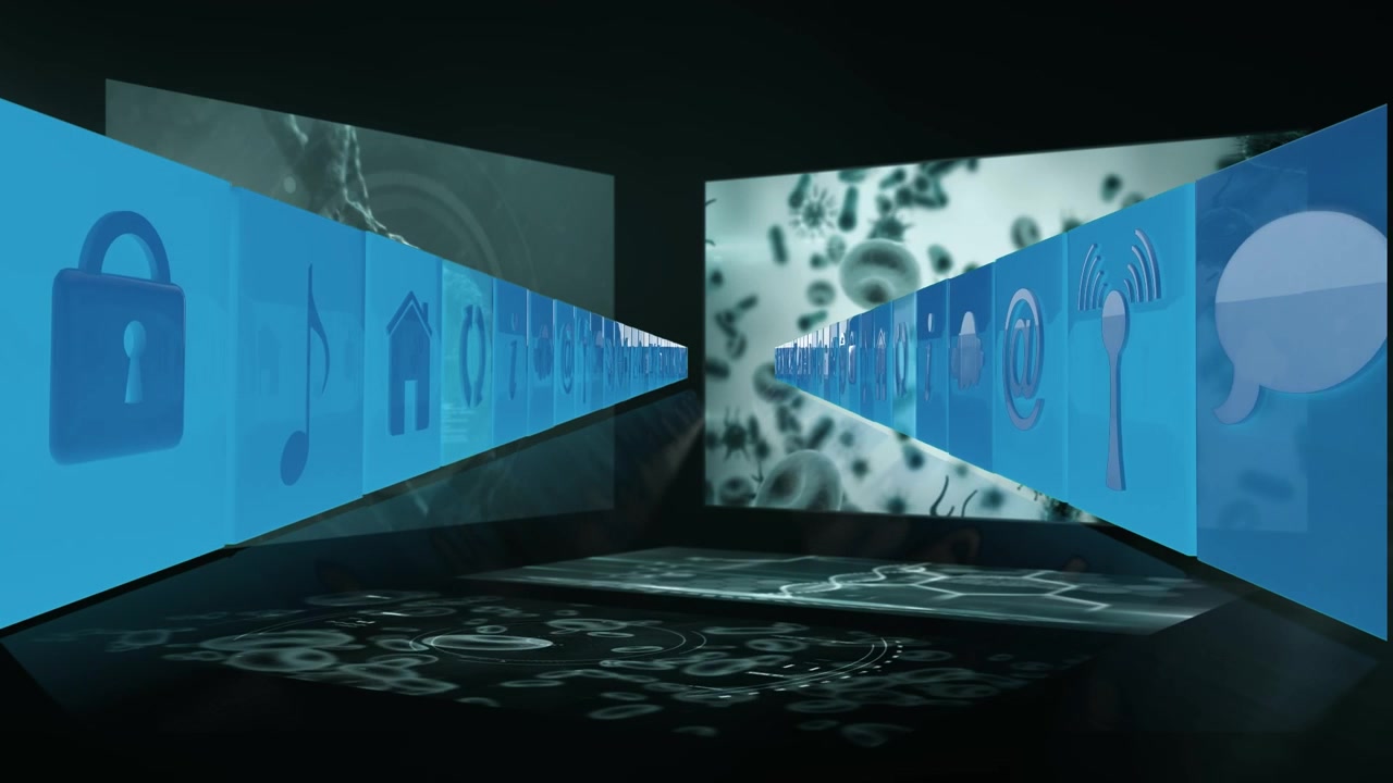 Animation af databehandling og ikoner på sort baggrund