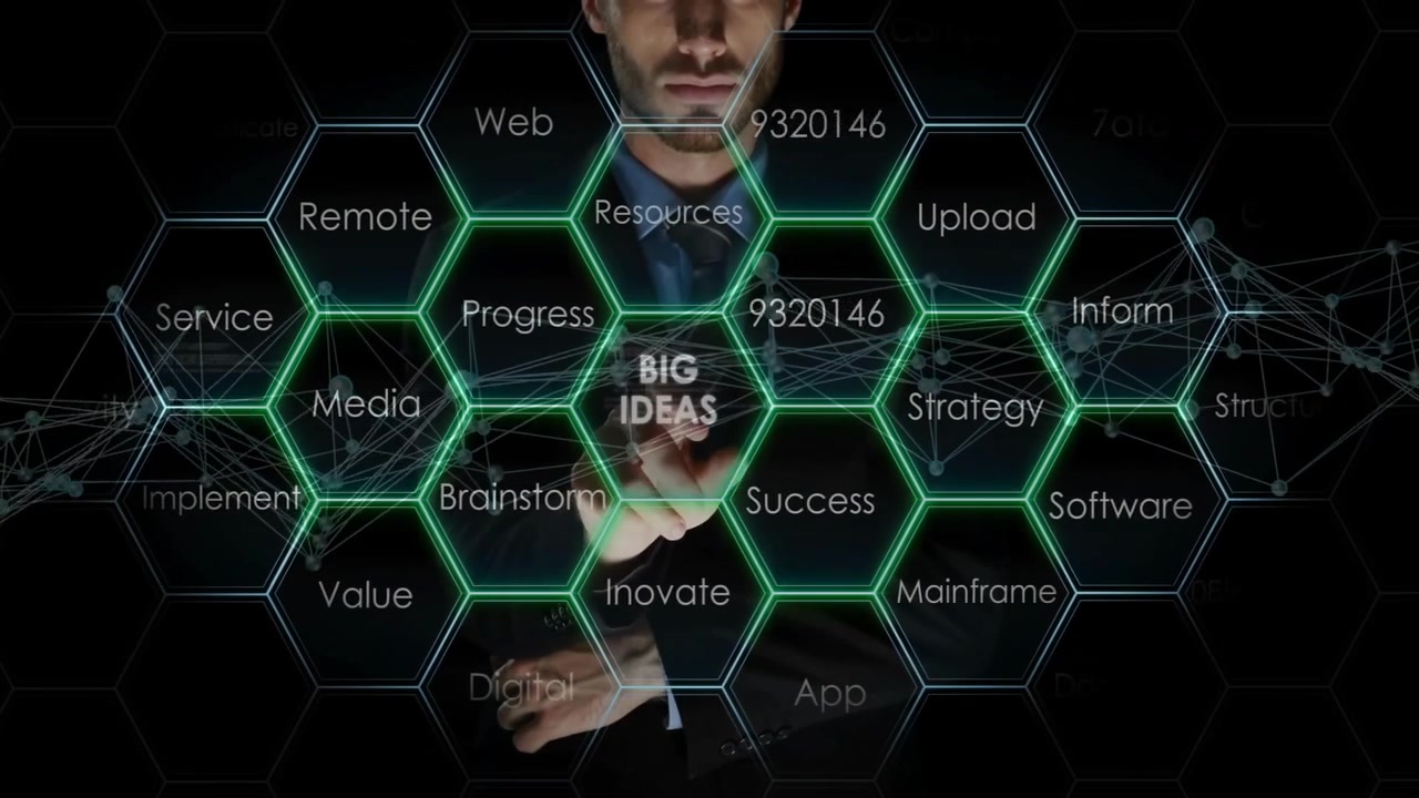 Suited man touching mesh causing hex grid revealing labels materializing bulb gear for big ideas