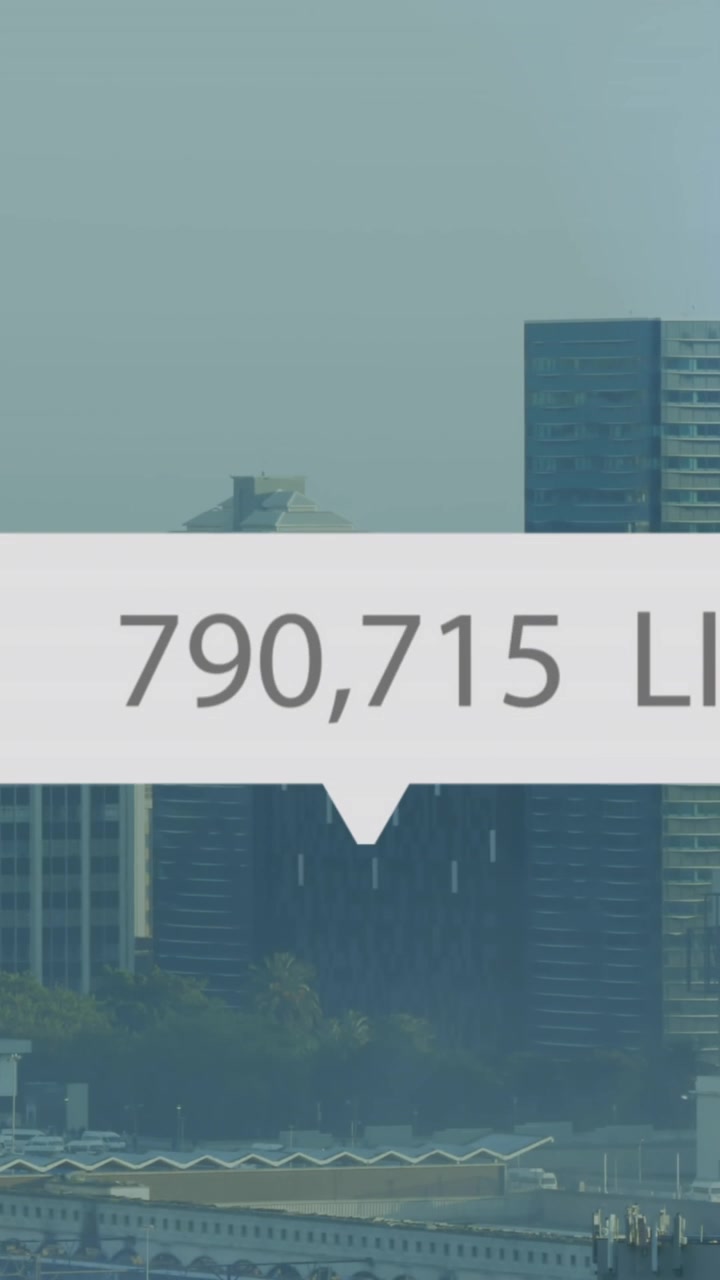 Animation of social media icon and data processing over cityscape