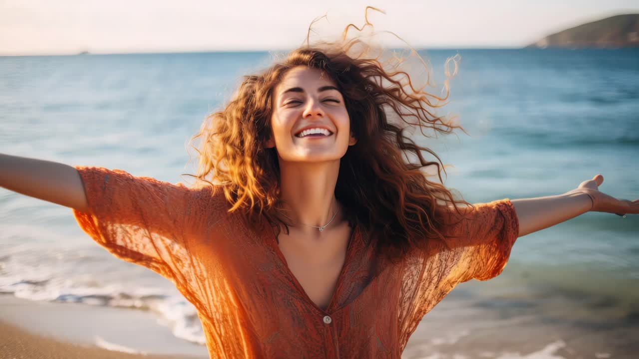 Joyful woman with open arms on a beach, captured in a close-up, eye-level angle