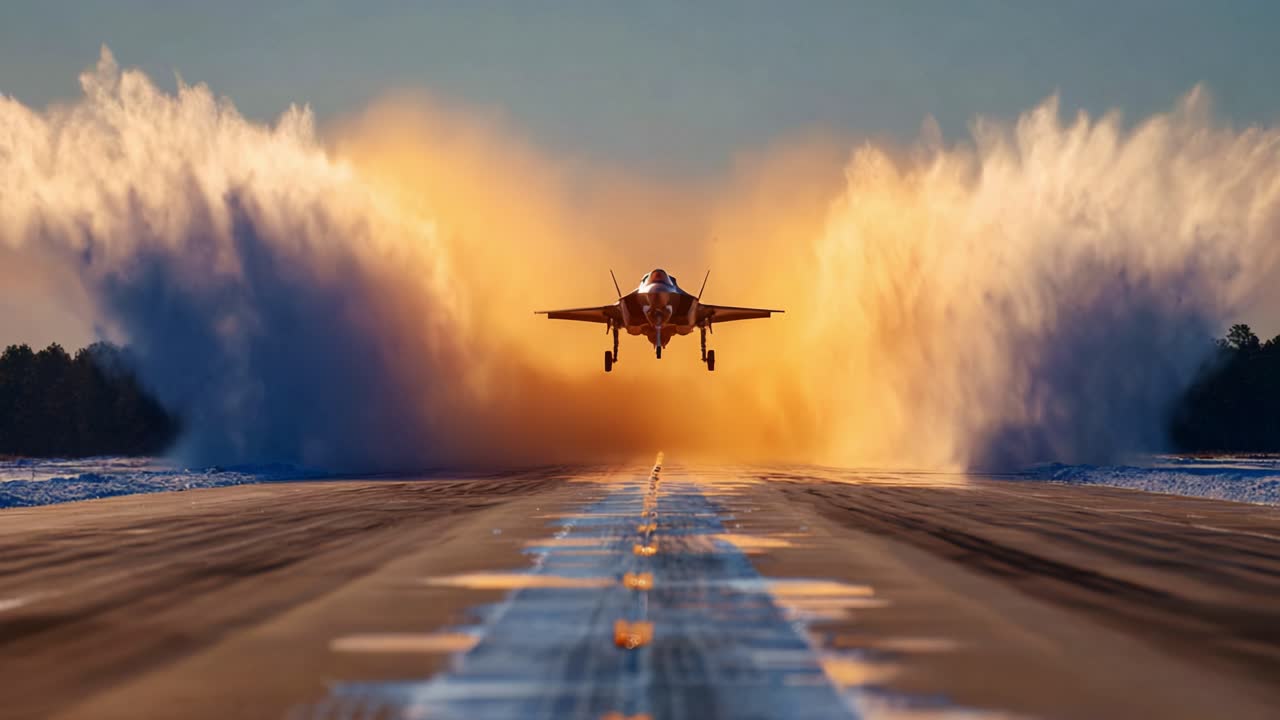 A stunning capture of a jet aircraft taking off, showcasing dynamic motion and dramatic atmospheric effects as it ascends into the sky amidst a backdrop of vibrant colors and water spray