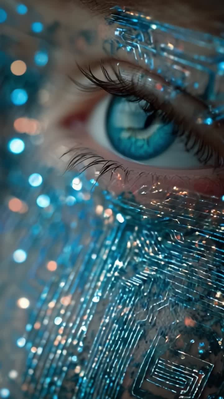 Primo piano di un ipotetico design di occhio cibernetico con intricati motivi blu, che unisce caratteristiche umane ed estetica digitale