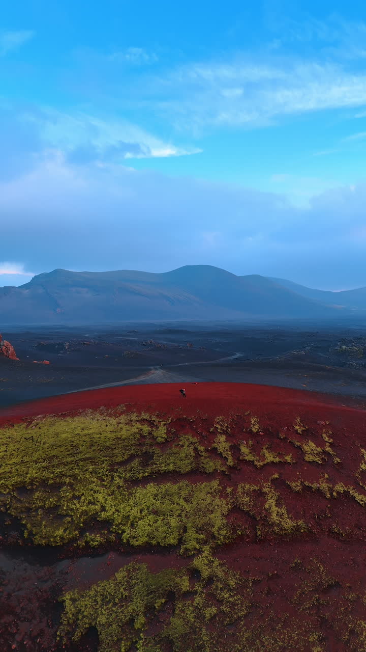 Couple stands on the top of the mountain of purple color with green moss growing on. Barren landscapes of Iceland from drone footage. Vertical video.