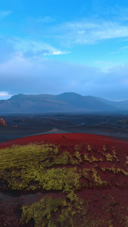 couple stands on the top of the mountain of purple color with green moss growing on. barren landscapes of iceland from drone footage. vertical video.