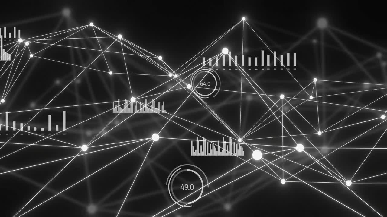 검은 바탕 위에 빛나는 노드와 연결 네트워크의 애니메이션