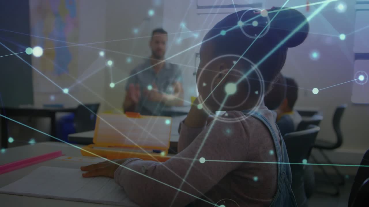 Student raising hand to answer and forming gesture as tech overlay animating classroom connectivity