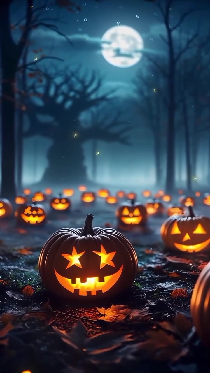 Zucche di Halloween luminose in una foresta spettrale di notte