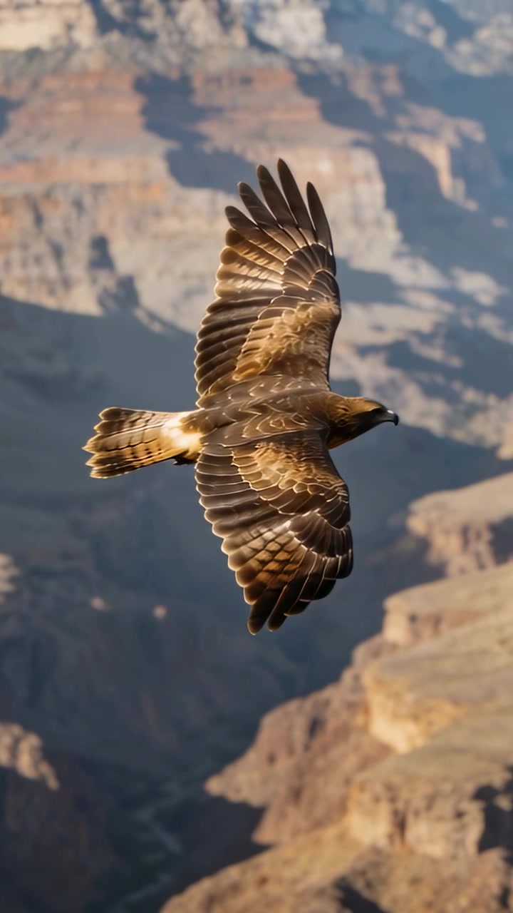 Video verticale: Grande rapace che plana sfruttando una corrente ascensionale illuminata dal sole sopra un canyon, mostrando i motivi delle piume.