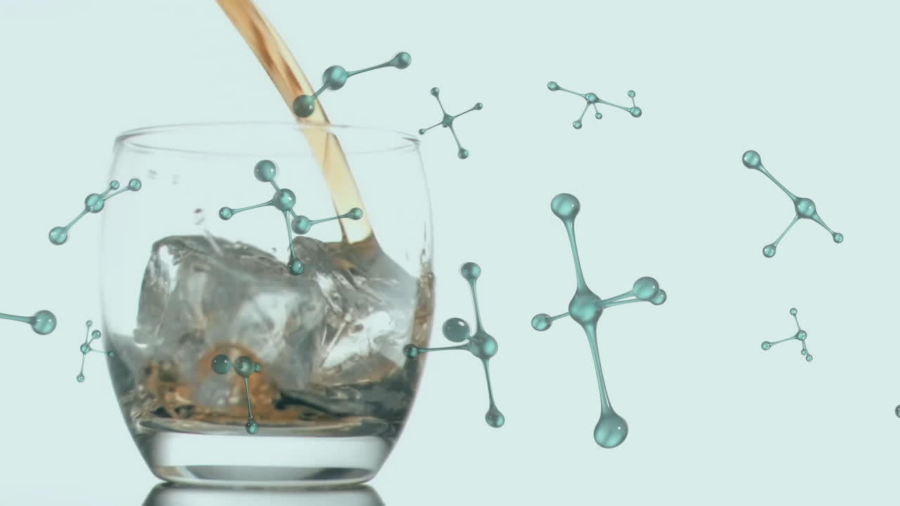 Pouring liquid into glass with ice cubes, molecular structure animation