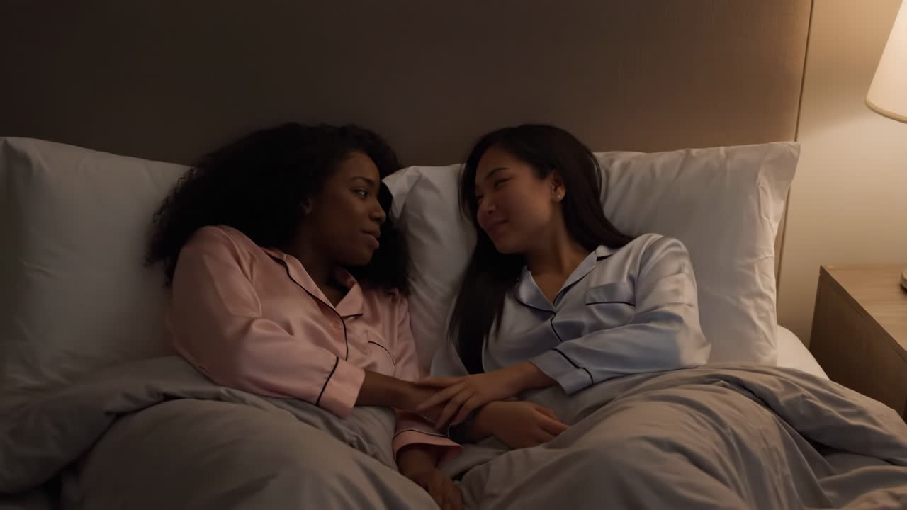 Deux femmes vêtues conversant au lit