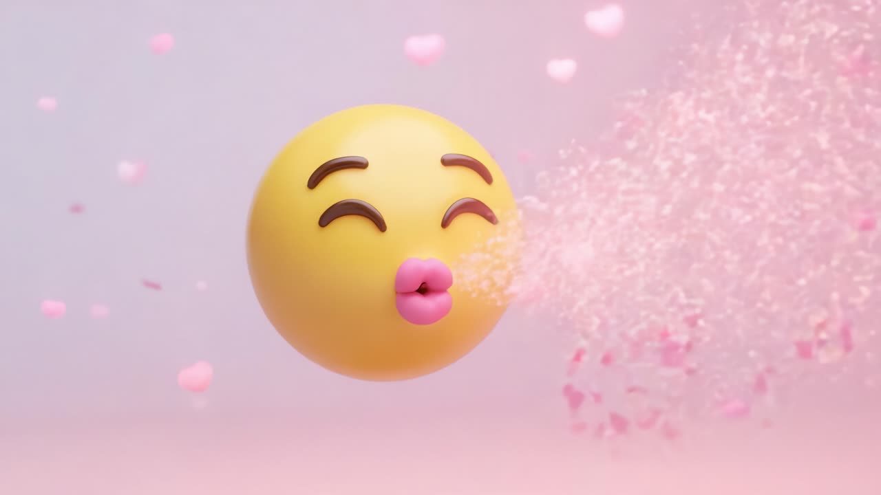 A cute animated emoji blowing kiss surrounded by sparkling hearts, exuding a playful and romantic atmosphere, perfect for expressing love and affection in digital communication