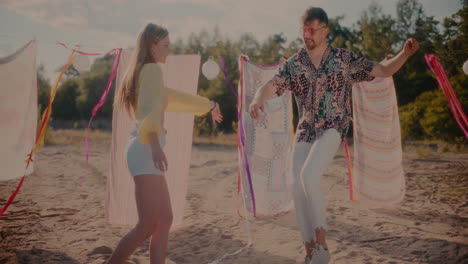 happy man dancing to music with woman