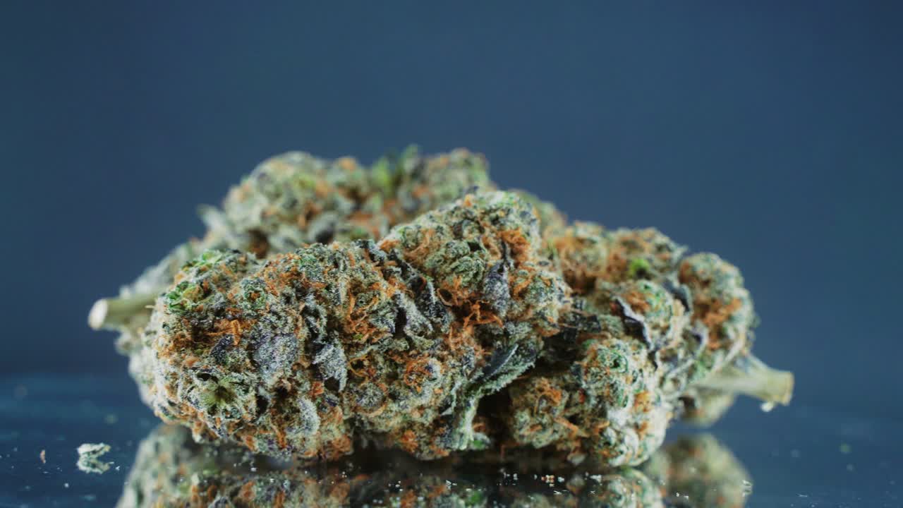 Grayish Green Dried Marijuana Buds - Close Up concept Shot, pile of dried marijuana plants, orange trichomes strains, on a reflecting rotating stand, studio lights, slow motion, 4K video