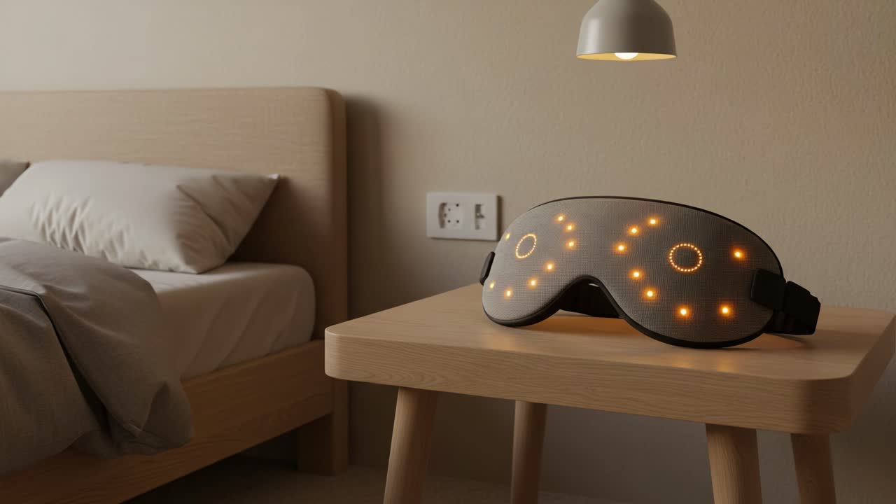 Innovative Relaxation Device: A Sleek and Modern Sleep Mask with Ambient Lights on a Cozy Nightstand in a Serene Bedroom Setting