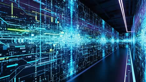 a vibrant digital corridor full of neon patterns and electric blue visuals, representing the future of technology and data flow in a high-tech environment