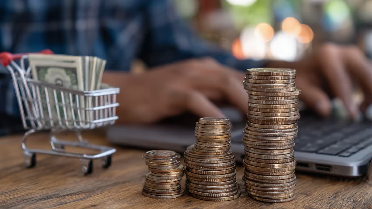 Uma pessoa gerenciando finanças com pilhas de moedas e dinheiro em um carrinho de compras, enquanto usa um laptop para transações online e orçamento.