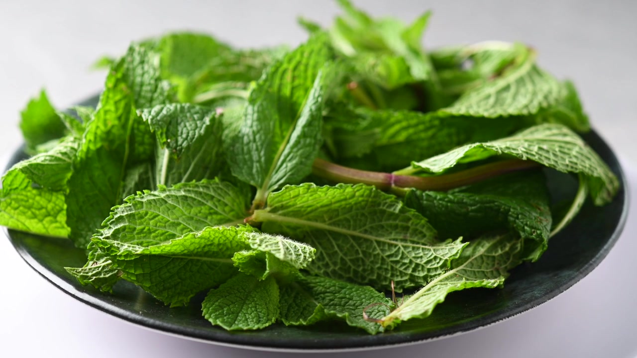 Foglie di menta fresca in rotazione su sfondo nero, concetto di erba aromatica
