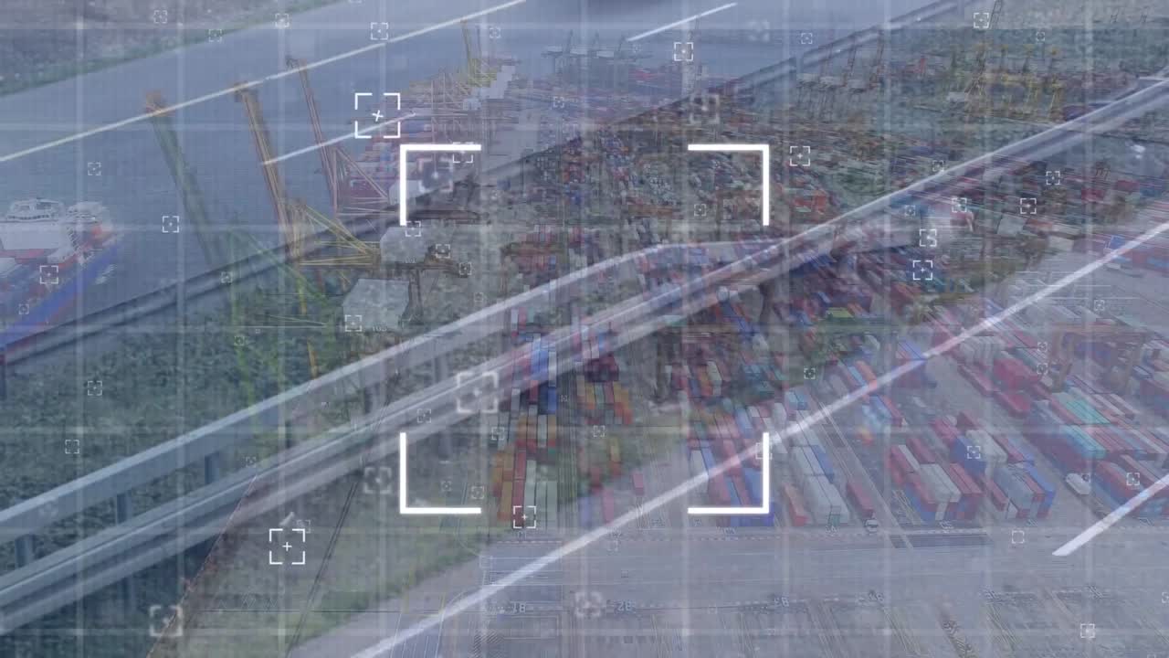 animación del escaneo de alcance y el tráfico por carretera en un puerto y centro de envío ocupados