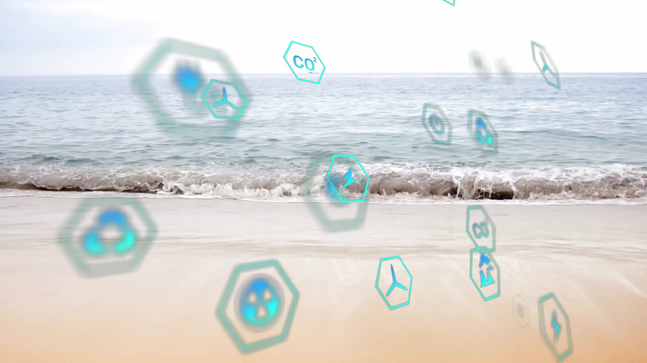 Animation of hexagonal icons with environmental symbols over beach waves