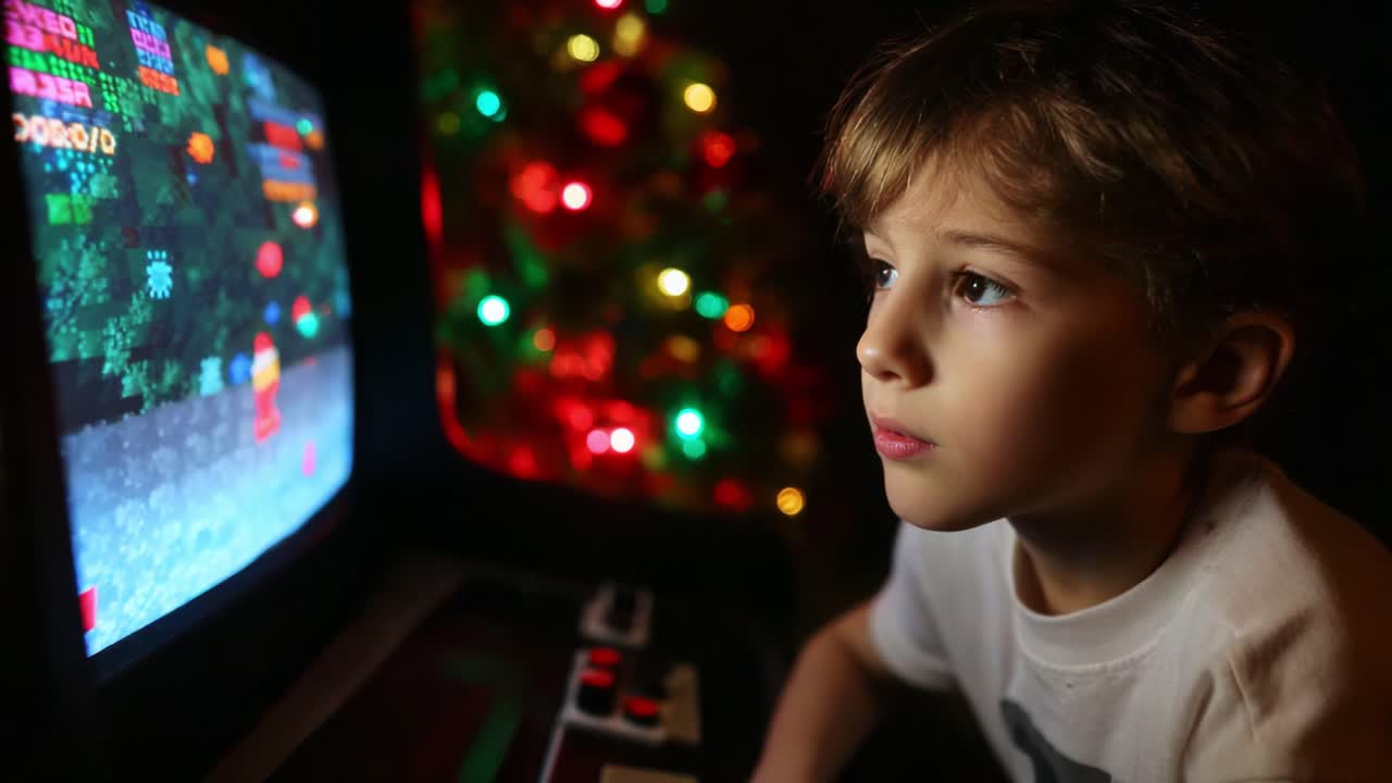 A Young Gamer Engrossed in an Old-School Video Game, Surrounded by Colorful Holiday Lights, Capturing the Joy and Nostalgia of Pixelated Adventures in a Cozy Setting