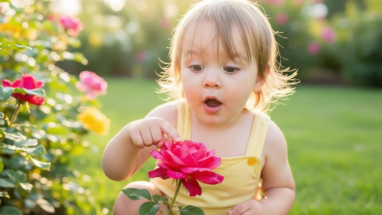 A Curious Child Interacts with Beautiful Roses in a Sunlit Garden, Capturing a Magical Moment of Innocence and Wonder as They Explore Nature's Beauty