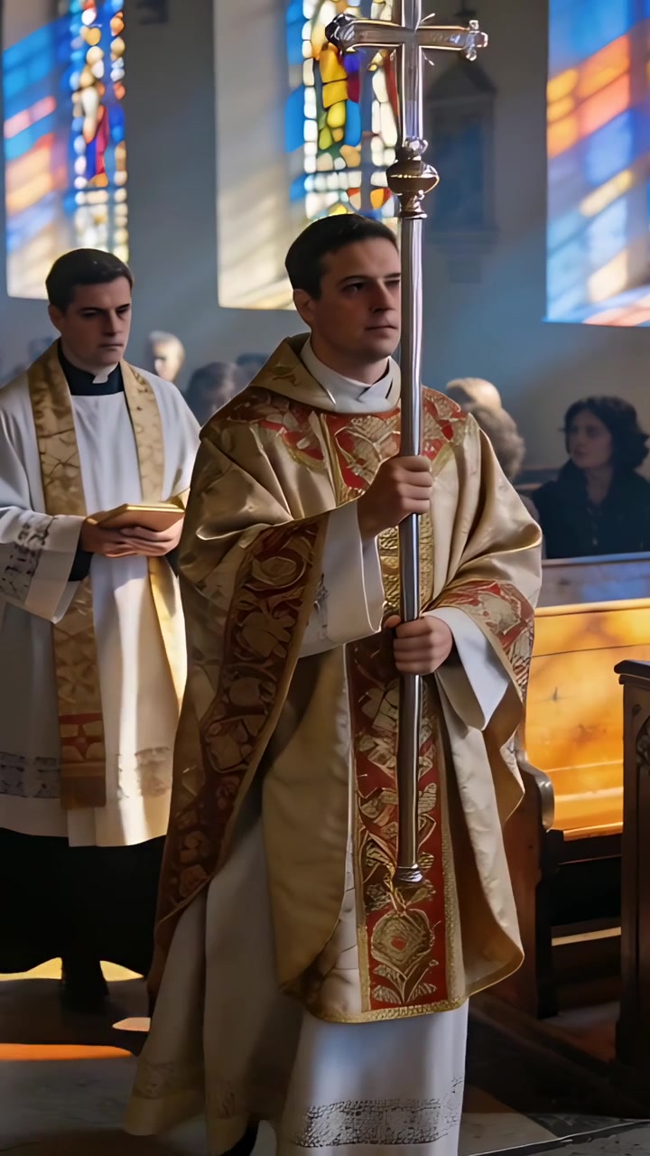 Vertical video: Leading priest wearing robe walking church aisle, mass starting, holding cross