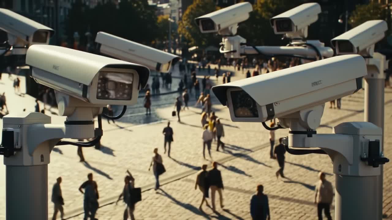 A Vast Array of Surveillance Cameras Overlooking a Bustling City Square, Monitoring Pedestrians Engaged in Their Daily Activities Under Clear Blue Skies