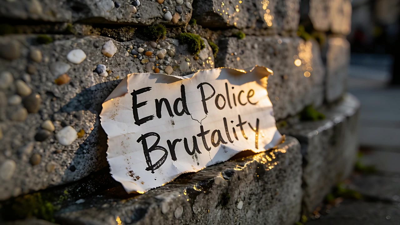 La telecamera in movimento rivela un cartello di carta strappato che recita "Fine alla brutalità della polizia" su un muro della città, mostrando il messaggio.